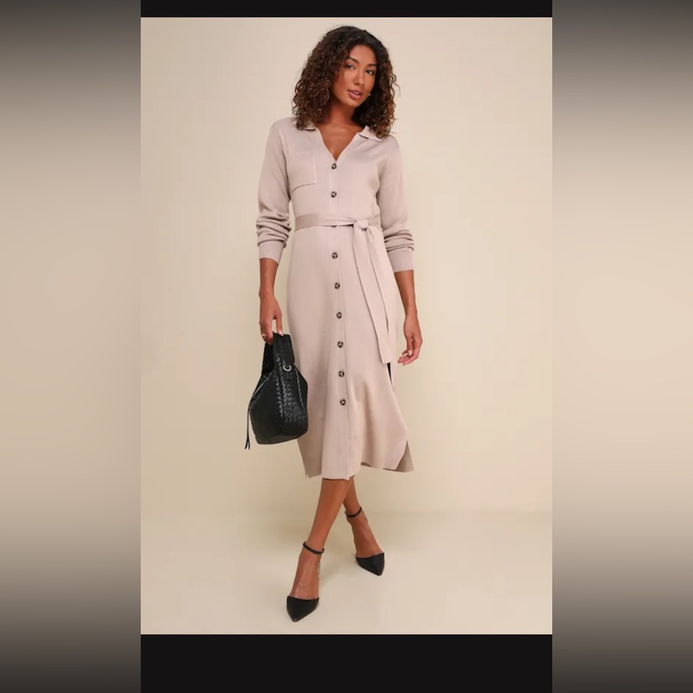 NWT Lulus Charming Comfort Beige Collared Button-up Sweater Dress - Size XS - Picture 5 of 5